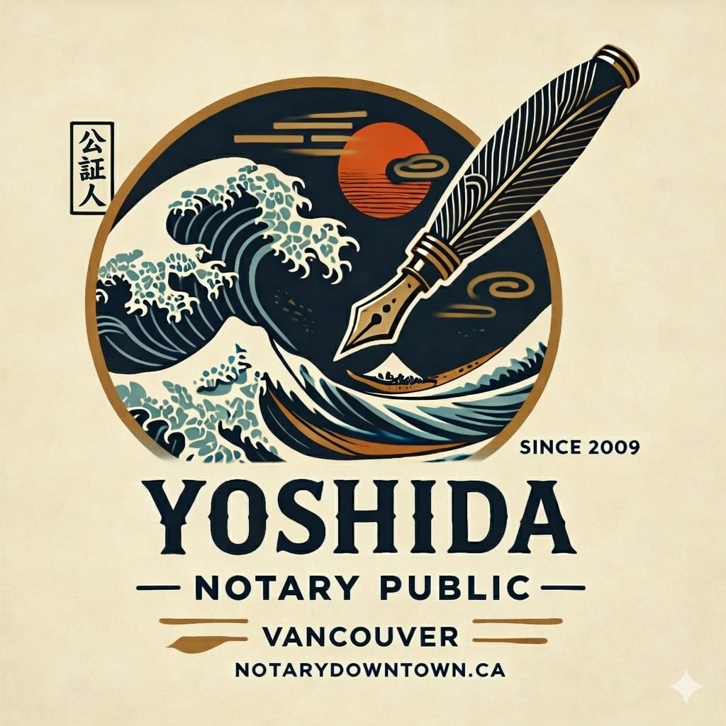 Yoshida Notary Public logo — Japanese wave with quill pen, since 2009